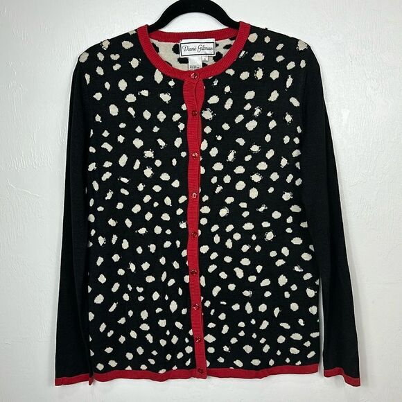 Diane Gilman Silk Blend Polka Dot Beaded Crew Neck Cardigan Sweater Size S - Picture 1 of 9